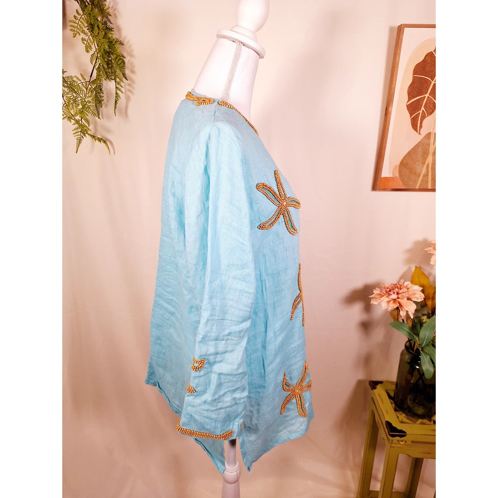 Keylime & Pink Women's Starfish Beaded Tunic Large Made in Pakistan - Picture 5 of 8